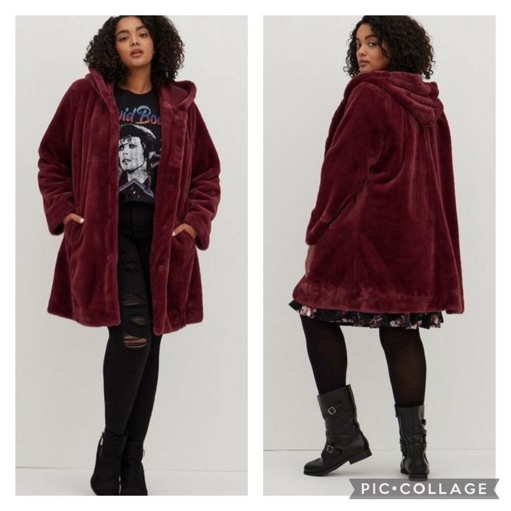 Torrid Burgundy Faux Fur Plush Coat Plus Size 3X